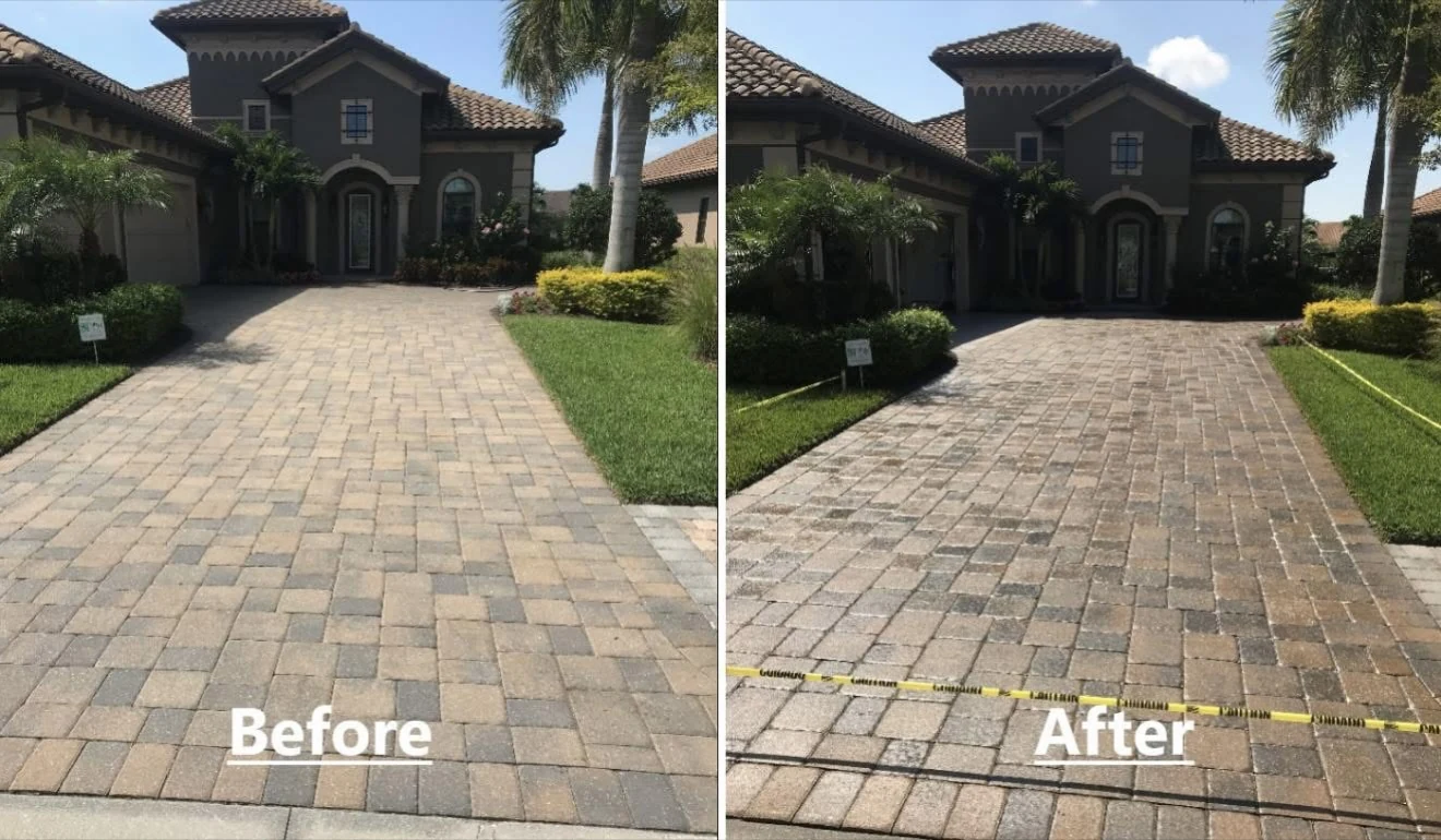 Side-by-side before-and-after photos of a paver driveway