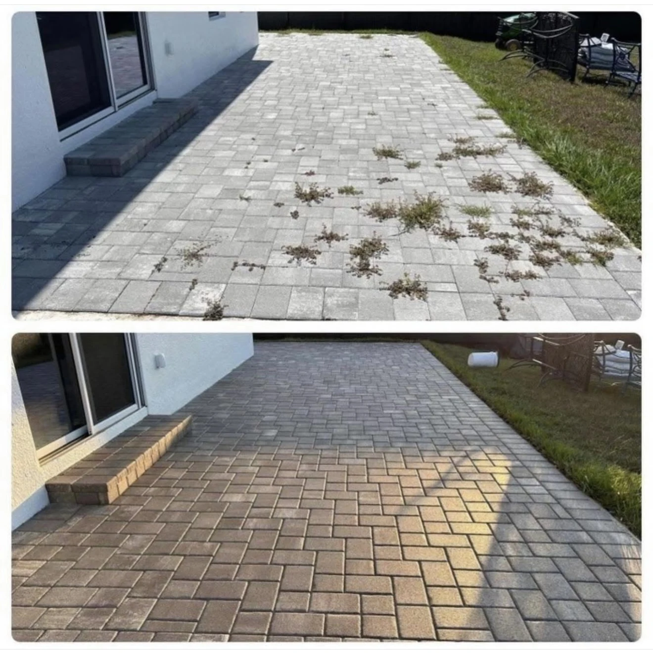 Before and after: a patio with weeds between pavers and a refreshed patio